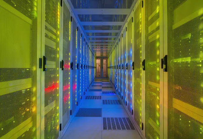 Multi colored server room of data center