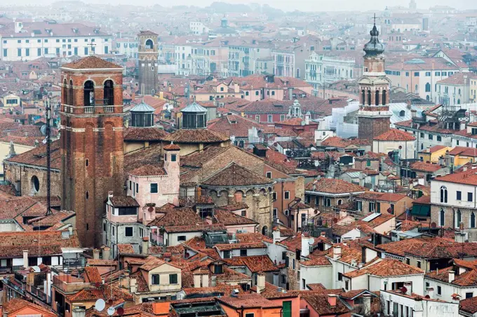 Italy, Venice, View from Campanile on house roofs