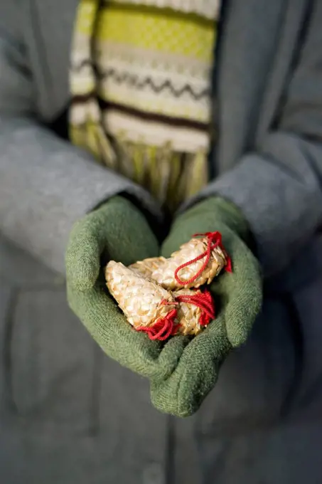 Young woman with gloves holding Christmas decoration, partial view