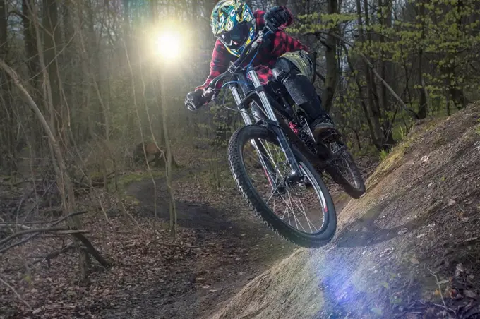 Germany, Lower Saxony, Deister, Bike Freeride in forest