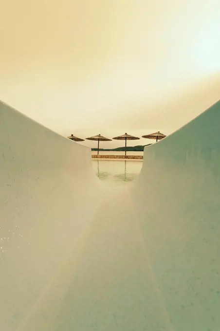 Croatia, Sibenik, Sunshades, Swimming pool of a hotel facility, Evening mood