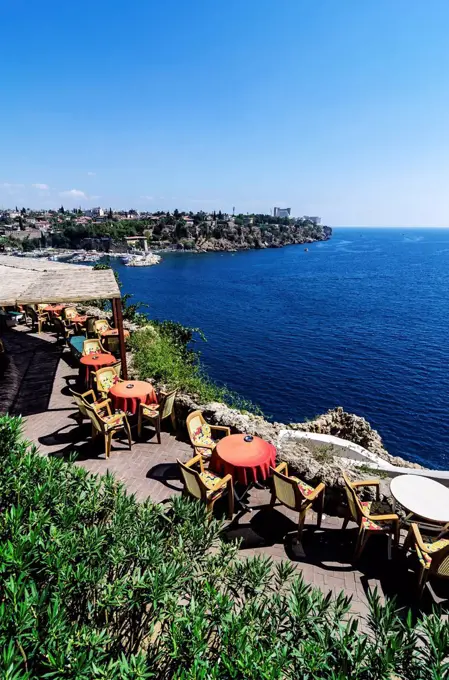 Turkey, Middle East, Antalya, Kaleici, View of hotel terrace and harbour