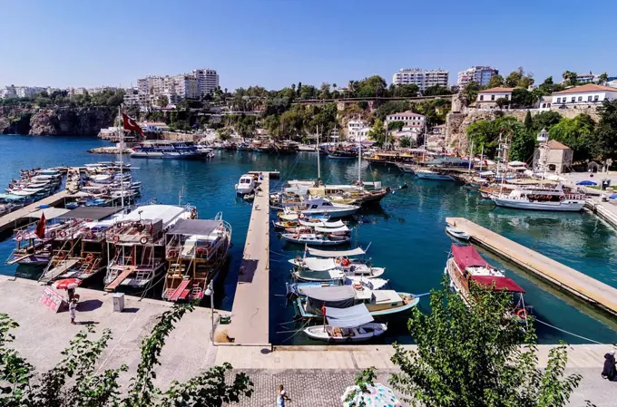 Turkey, Middle East, Antalya, Kaleici, View of harbour and old town