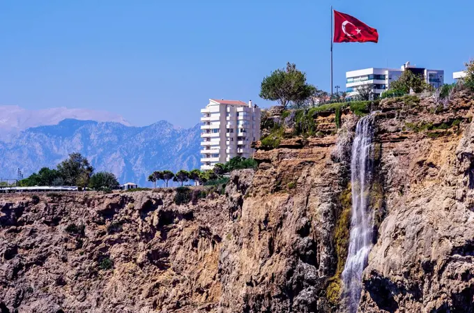 Turkey, Antalya, Waterfall and turkish flag