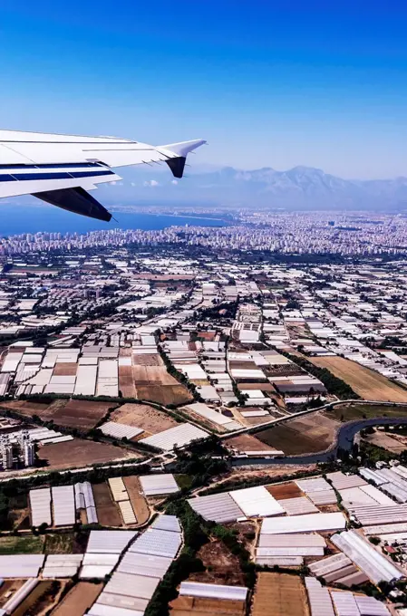 Turkey, Antalya, View to coastal city from plane