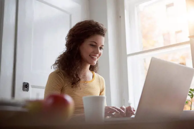 Smiling young woman at home using laptop