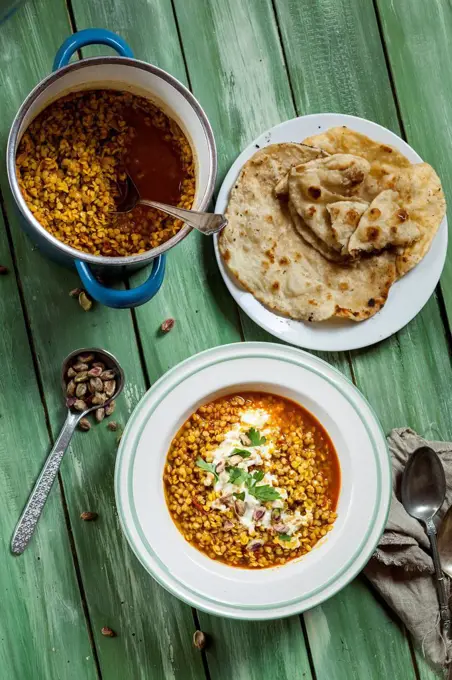 Red lentil soup with yogurt and flatbread