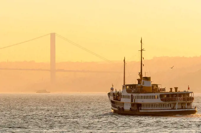 Turkey, Istanbul, ferry on the Bosphorus at sunrise