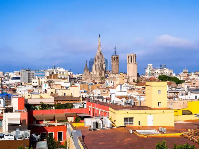 Spain, Catalonia, Barcelona, Cityscape with Sagrada Familia