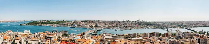 Turkey, Istanbul, Galata, Panoramic cityscape with Bosphorus