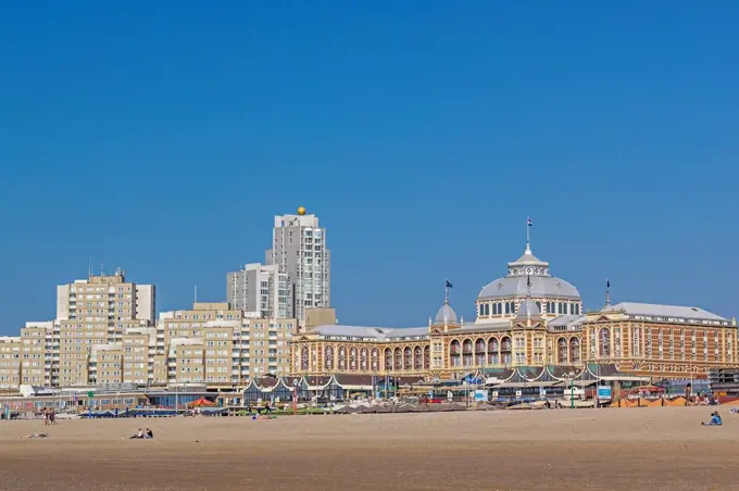 Netherlands, The Hague, Scheveningen, Beach with historic Kurhaus, Hotel