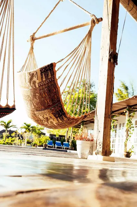 Indonesia, Bali, hammocks on terrace of a holiday villa