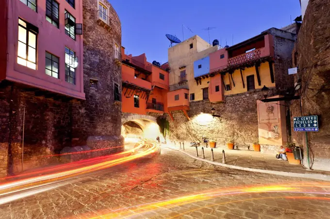 Mexico, Guanajuato, Historic city center with light trails