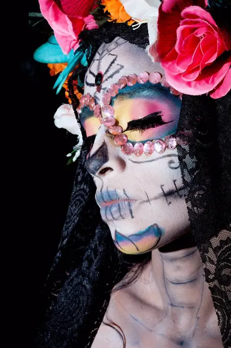 Woman dressed as La Calavera Catrina, Traditional Mexican female skeleton figure symbolizing death