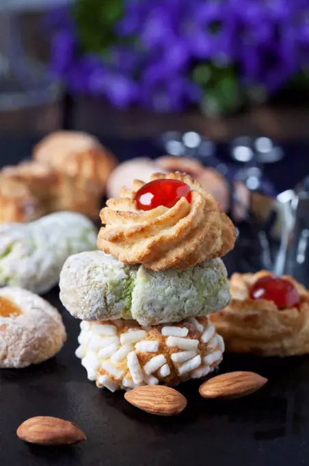 Stack of three different Italian almond cookies