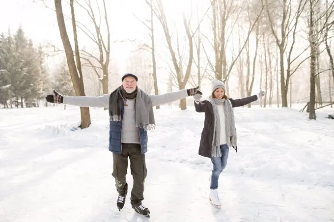 Happy senior couple ice skating