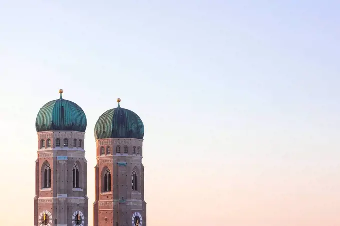 Germany, Munich, view to spires of Cathedral of Our Lady at twilight