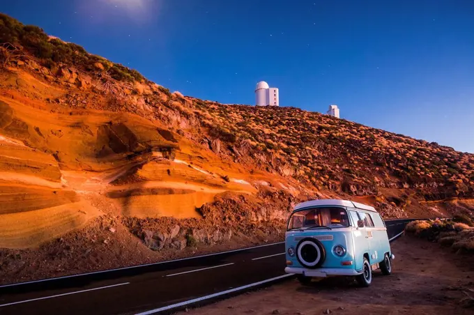 Spain, Tenerife, van parked at roadside by night