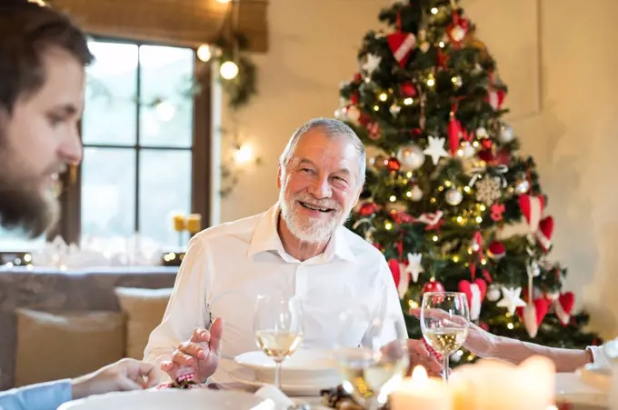 Smiling senior man looking at adult son at Christmas dinner table