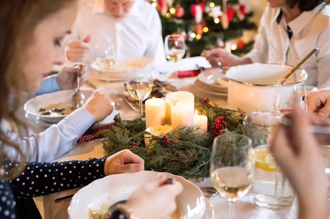 Family dining at Christmas dinner table