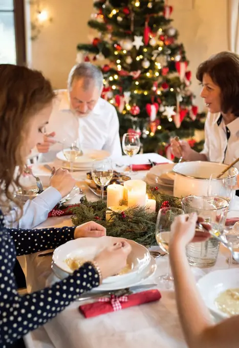 Family dining at Christmas dinner table