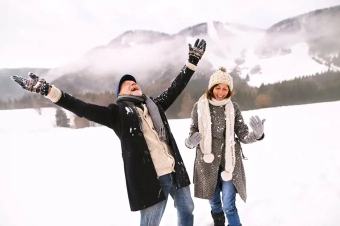 Happy senior couple in the snow