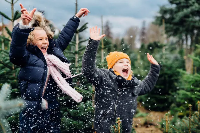 Brother and sister having fun with snow before Christmas