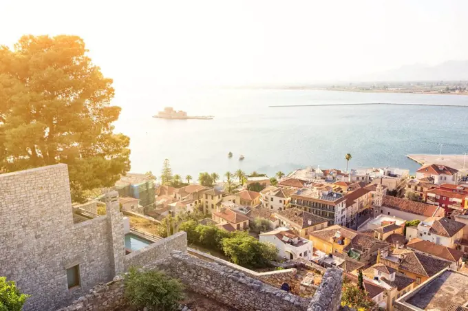 Greece, Peloponnese, Argolis, Nauplia, Old town, View from Akronauplia to Bourtzi Castle