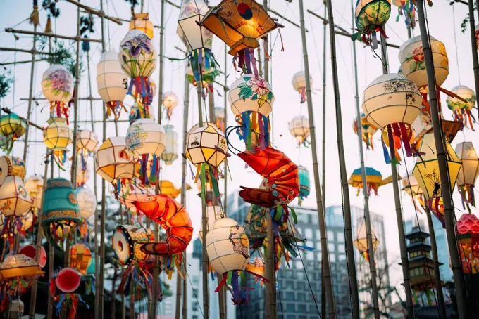 South Korea, Seoul, Lanterns lit up in the Buddhist temple of Jogyesa