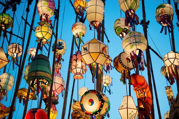 South Korea, Seoul, Lanterns lit up in the Buddhist temple of Jogyesa