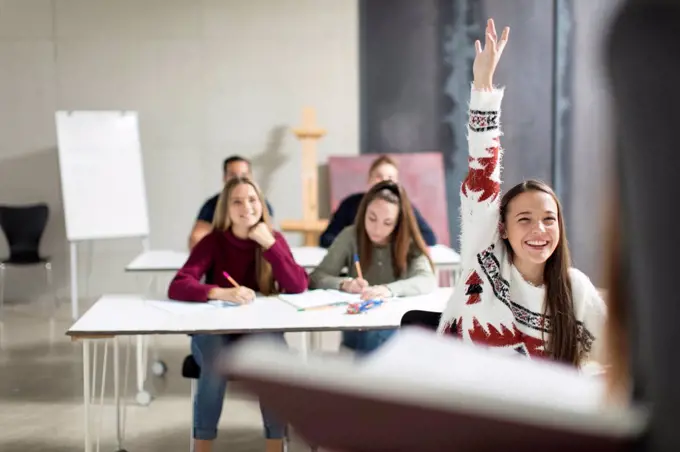 Smiling teenage girl raising hand in class