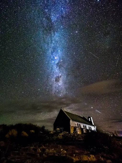 New Zealand, South Island, Canterbury Region, Church of the Good Shepherd at night