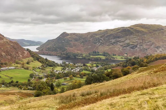 United Kingdom, England, Cumbria, Lake District, panoramic view of Glenridding and Ullswater lake