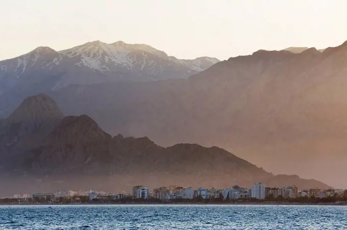 Turkey, Antalya, Turkish Riviera with Konyaalti Beach and Taurus Mountains