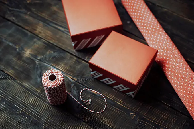 Red-white packing material on dark wood