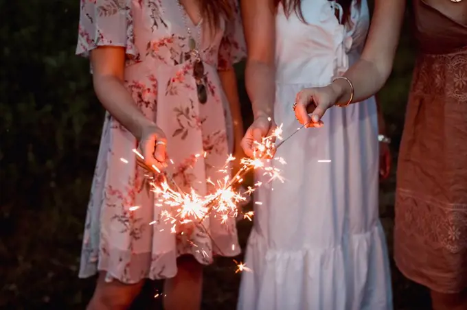 Friends having a picnic in a vinyard, burning sparklers