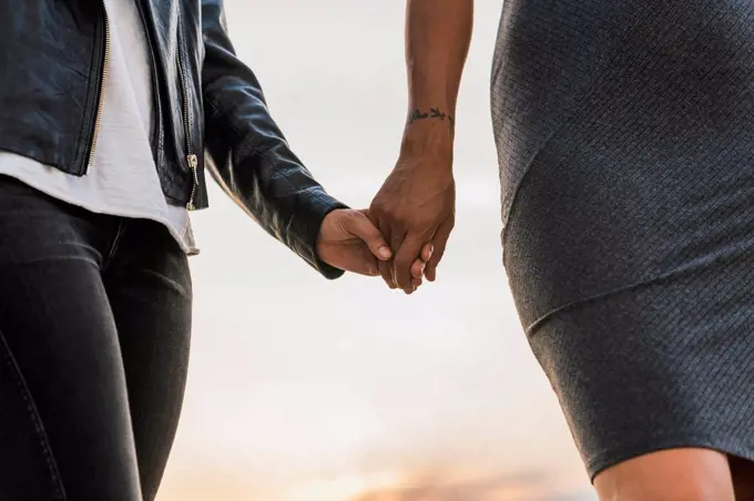 Close-up of lesbian couple holding hands outdoors