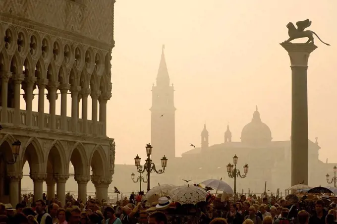 Italy, Venice, Doge´s Palace, Lion Column, San Giorgio Maggiore in background