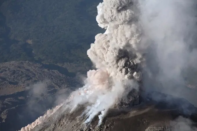 Guatemala, Santiaguito volcano erupting