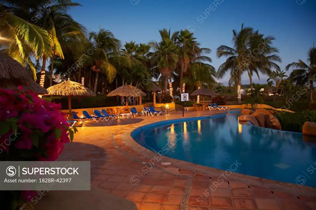 Resort Swimming Pool at Dusk, Fairmont Rancho Banderas, Bahia de Banderas, Nayarit, Mexico   