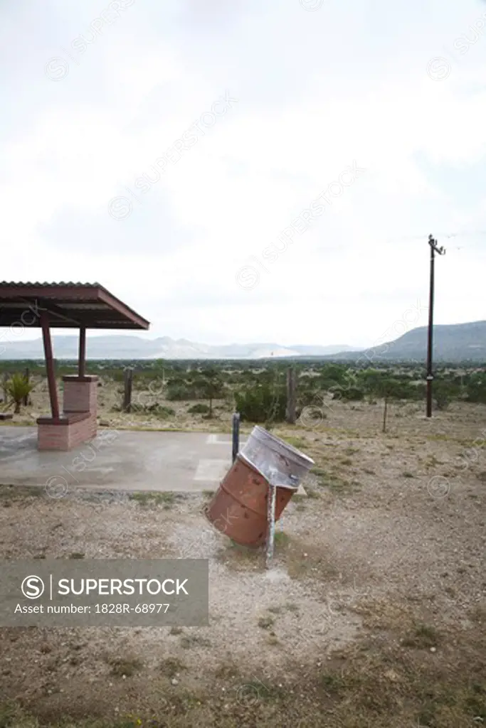 Gargage Can at Abandoned Service Station, Dryden, Texas, USA