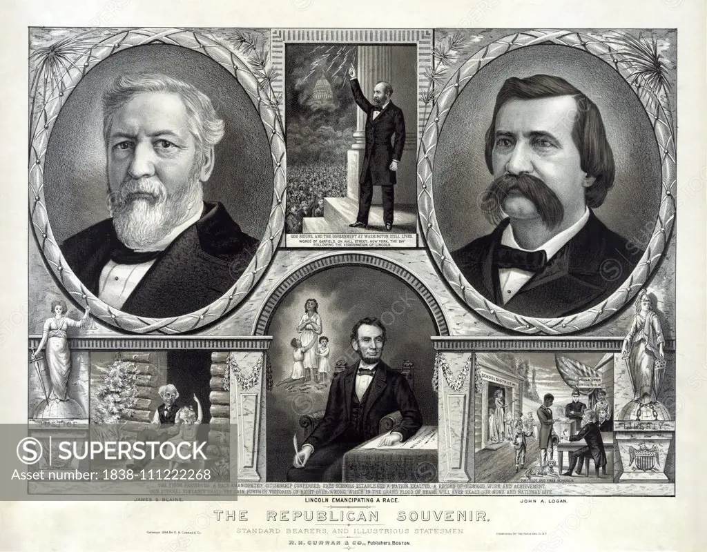 Campaign Banner for 1884 Presidential Election, Republican Ticket, Presidential and Vice-Presidential Candidates James G. Blaine and John A. Logan, "The Republican Souvenir, Standard Bearers and Illustrious Statesmen", Lithograph, R.H. Curran & Co. Publis