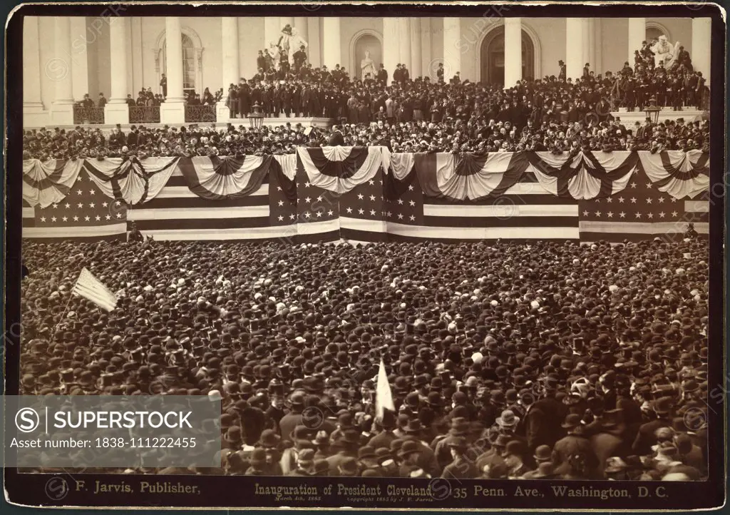 Inauguration of President Cleveland, U.S. President Grover Cleveland Delivering his Inaugural address to crowd, East Portico of U.S. Capitol, Washington DC, USA, Photograph by J.F. Jarvis, March 4, 1885