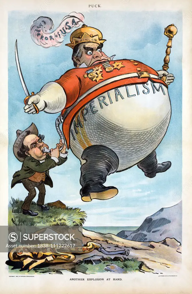 "Another Explosion at Hand", Political Cartoon Featuring William Jennings Bryan, using  hot-air from his "Speeches", to inflate a Large Balloon Labeled "Imperialism", of President William McKinley Dressed as the "Emperor of USA", holding a Scepter and Swo