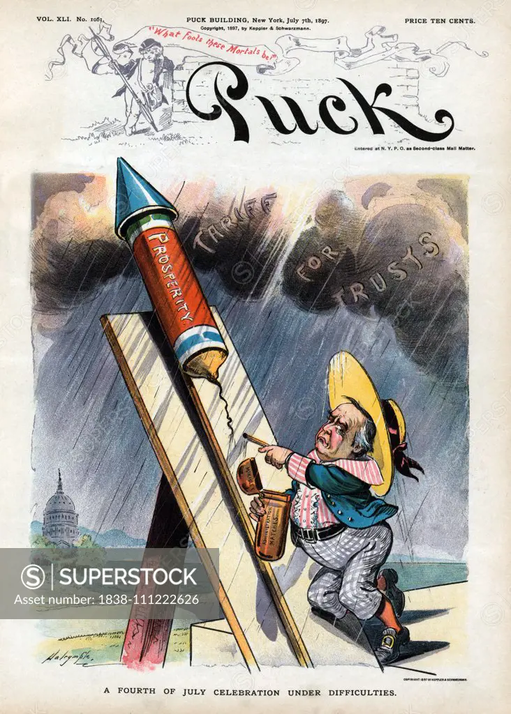 "A Fourth of July Celebration under Difficulties", Political Cartoon featuring U.S. President William McKinley, as a Young Boy, Attempting to Light Fuse to Fireworks Rocket labeled "Prosperity" using "McKinley Administration Matches" during Rainstorm bene