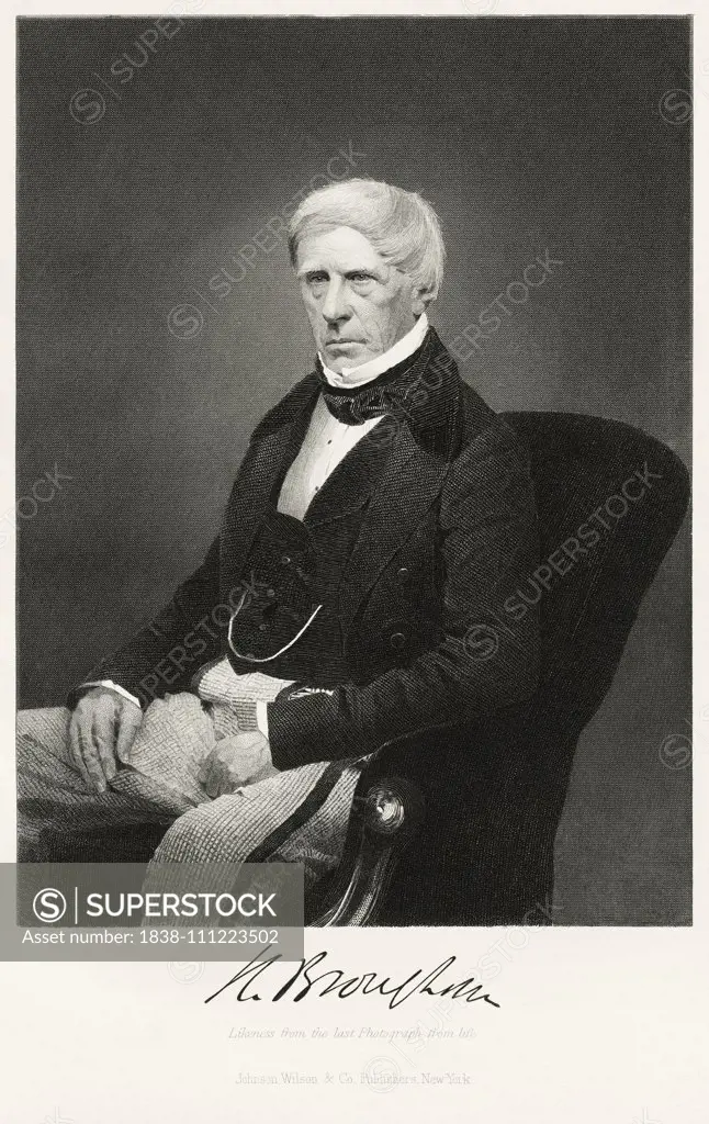 Henry Brougham (1778-1868), 1st Baron Brougham and Vaux,, British Politician, Reformer and Lord Chancellor 1830-34, Seated Portrait, Steel Engraving, Portrait Gallery of Eminent Men and Women of Europe and America by Evert A. Duyckinck, Published by Henry