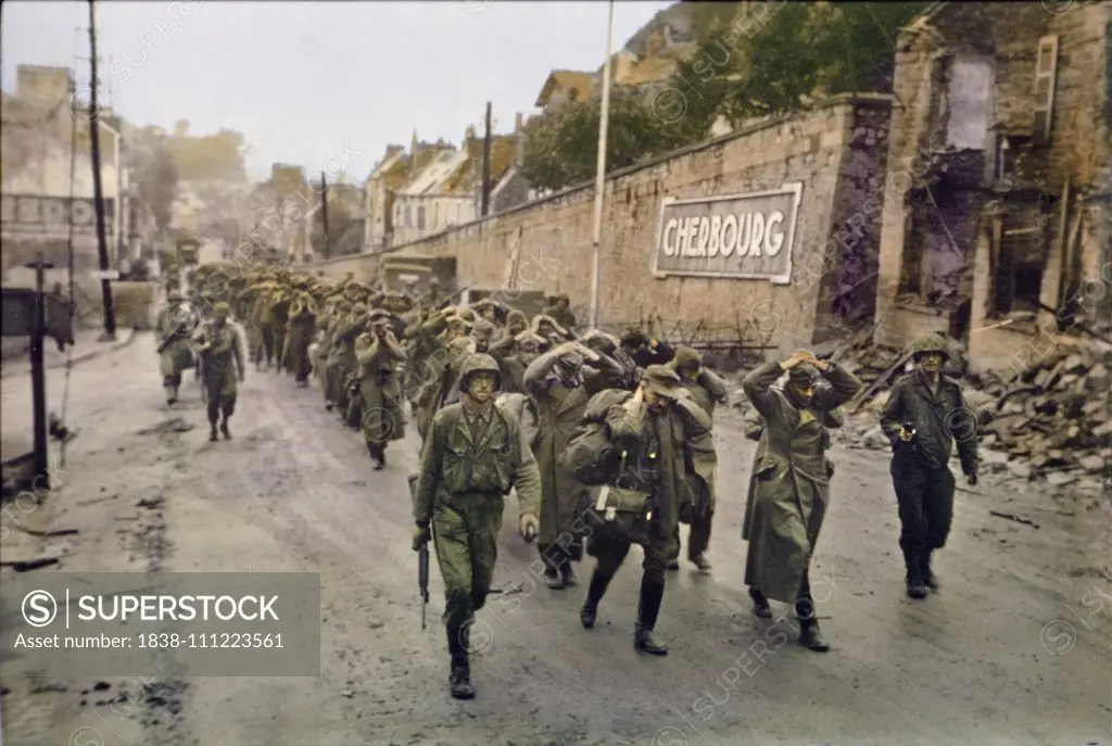 U.S. Troops Marching German Prisoners in Street, Battle of Cherbourg, Cherbourg, France, June 1944