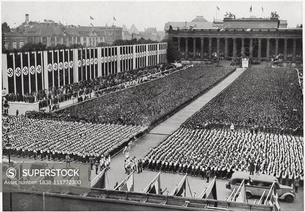 German Youth Gathered for Solemn Noon Ceremony, Olympic Games, Berlin Germany, Photograph by Presse-Photo GmbH, Volume II, Group 59, Picture 6, August 1, 1936,