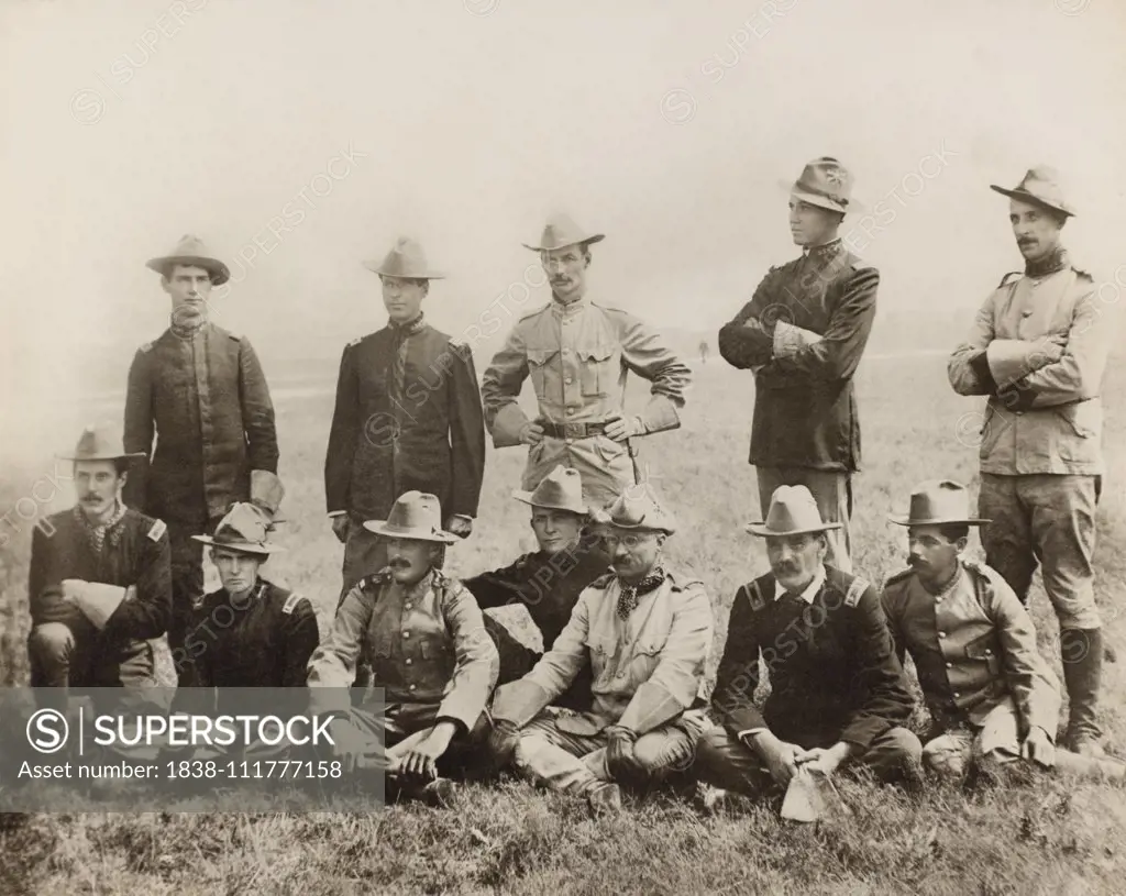 Colonel Theodore Roosevelt (seated center), Group Portrait with other Rough Rider Army Officers, Montauk, New York, USA, Photograph by Allen Davison, 1898