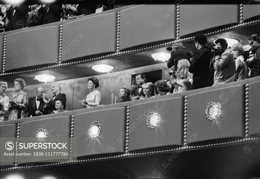 Members of the Kennedy Family, including Rose Kennedy (standing center) in the Presidential Box at the Gala Opening of the John F. Kennedy Center for the Performing Arts, Washington, D.C., USA, photographer Thomas J. O'Halloran, Warren K. Leffler, September 8, 1971